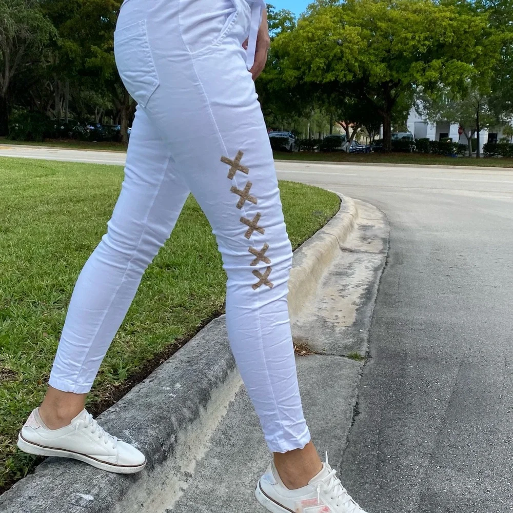 White Jogger Pants with Embellishments - Picture 2 of 9